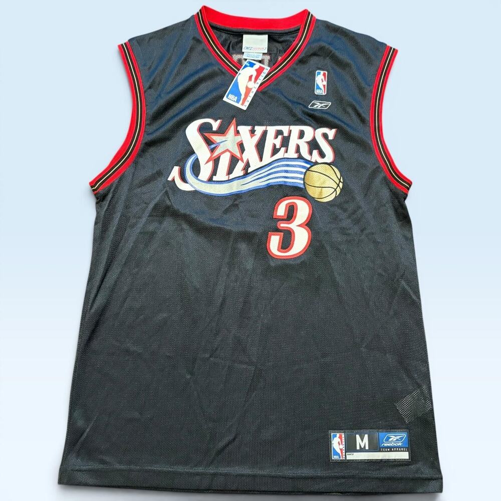 Vintage Philadelphia 76ers Jersey Medium Black NBA Basketball Iverson 3 Reebok